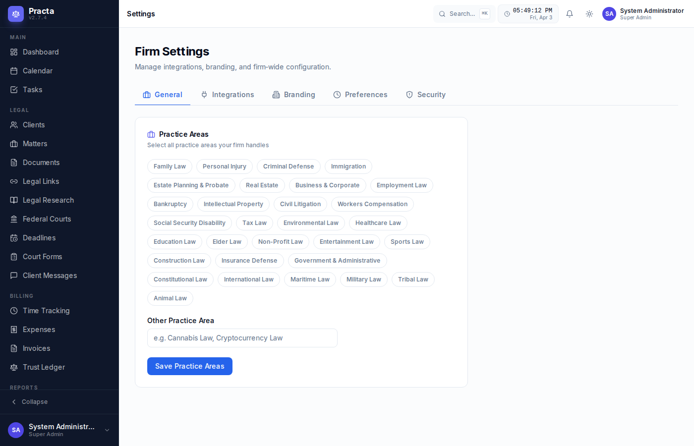 Practa settings showing USPS Lob.com integration and AI Provider configuration