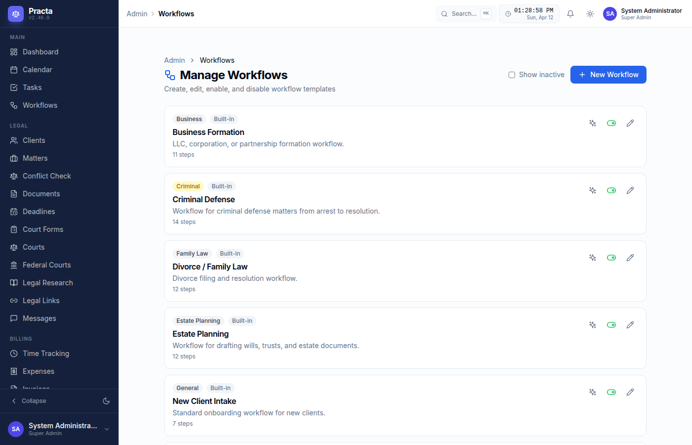 Practa Admin Workflows — manage, enable, and disable workflow templates
