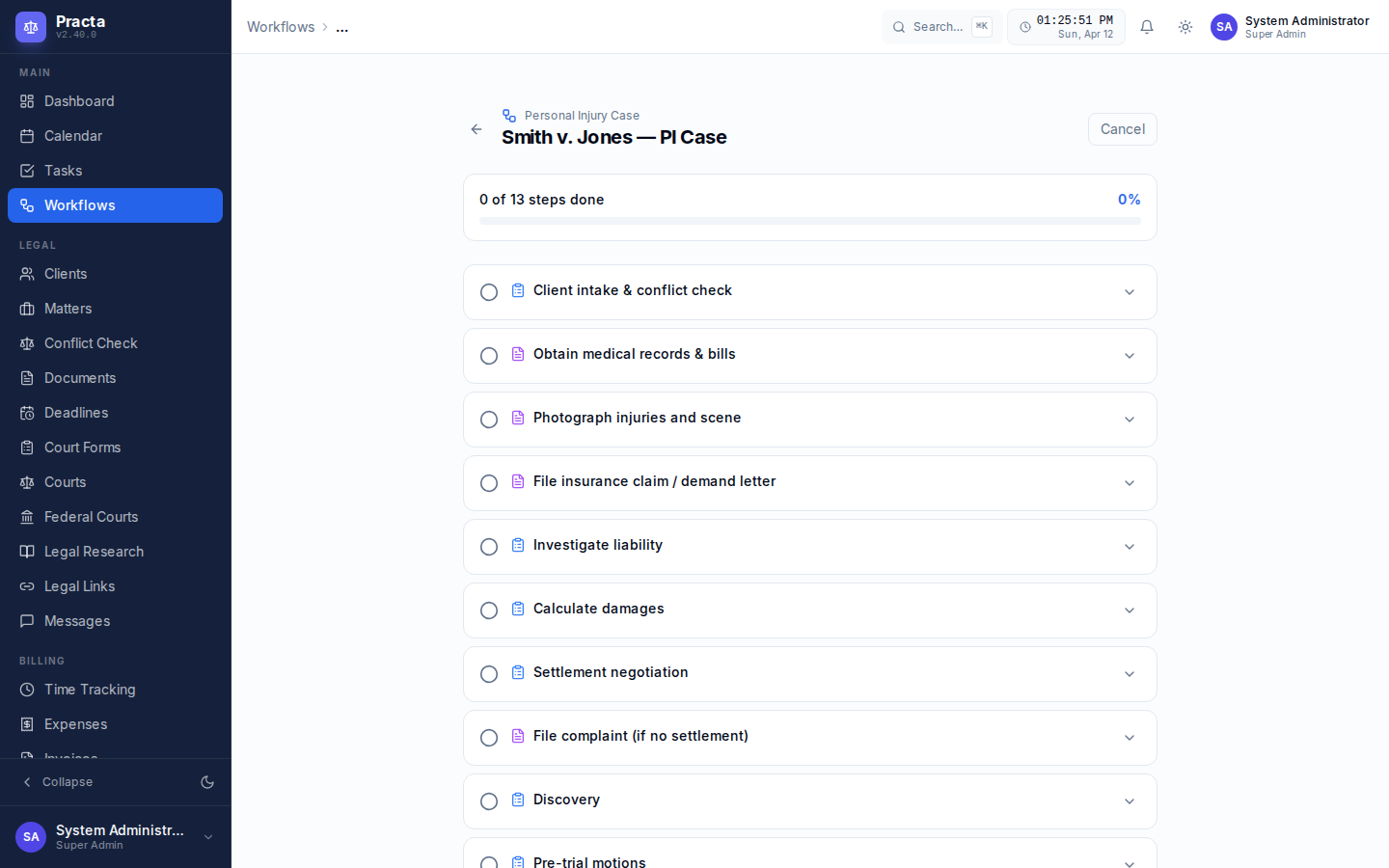 Practa Workflow Runner — step-by-step progress tracking with notes and skip options