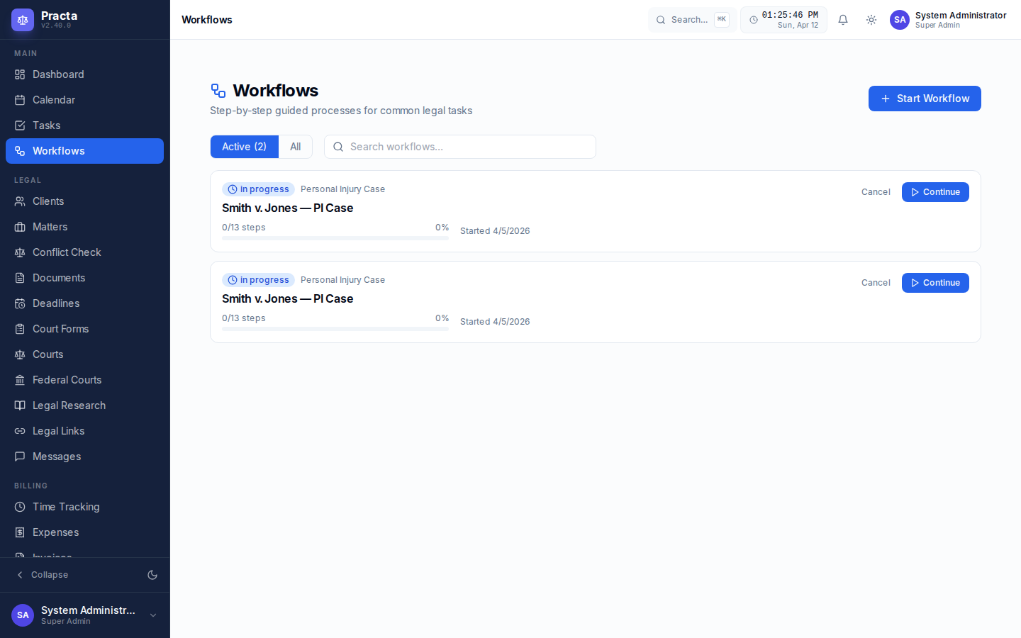 Practa Workflows — template picker showing built-in legal workflows by practice area